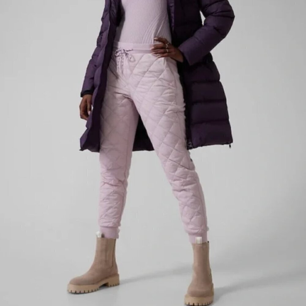 Athleta Womens Goose Down Quilted Pants Joggers Size‎ 14 Shasta Purple Apres Ski
